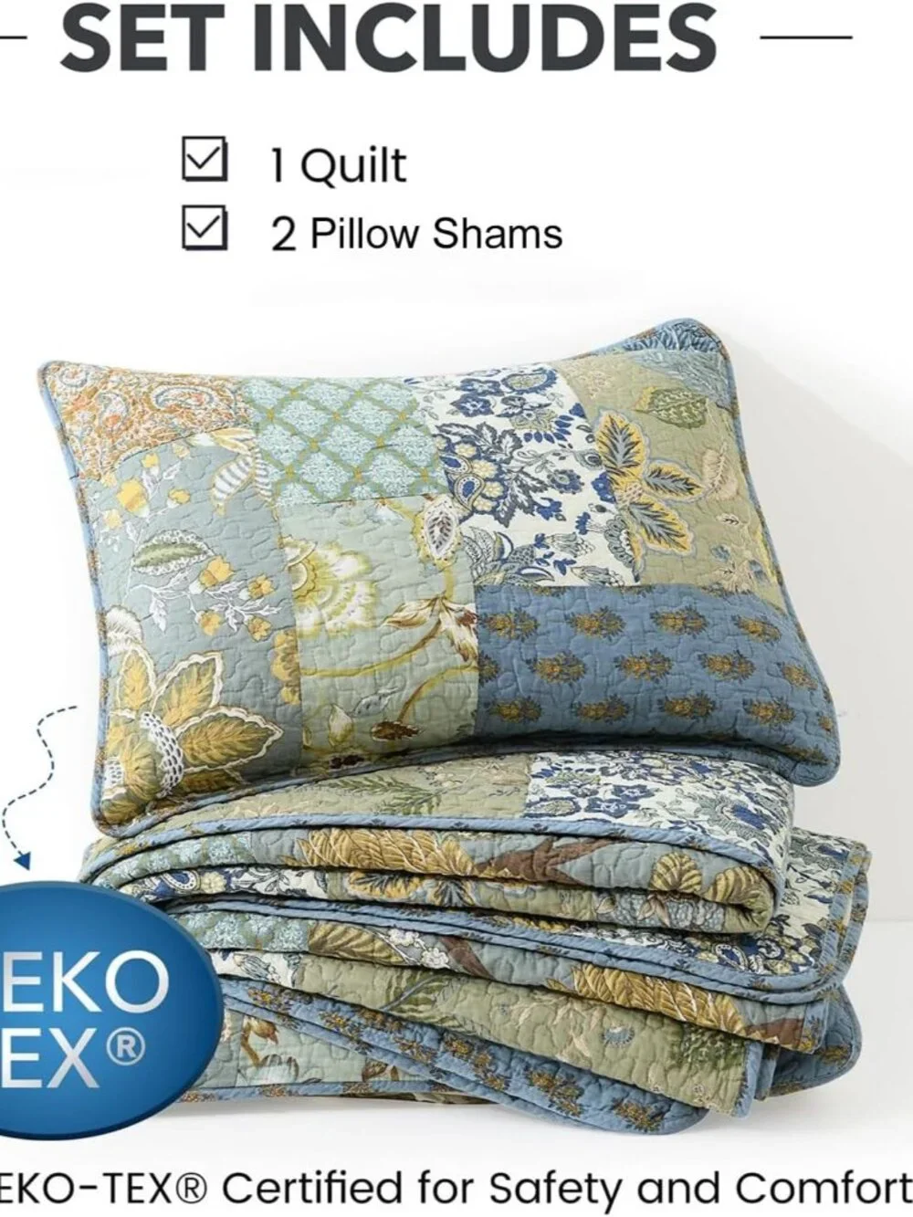 Quilt Set King Size, 100% Cotton Patchwork Green Bohemian Quilt Sets, Reversible_6